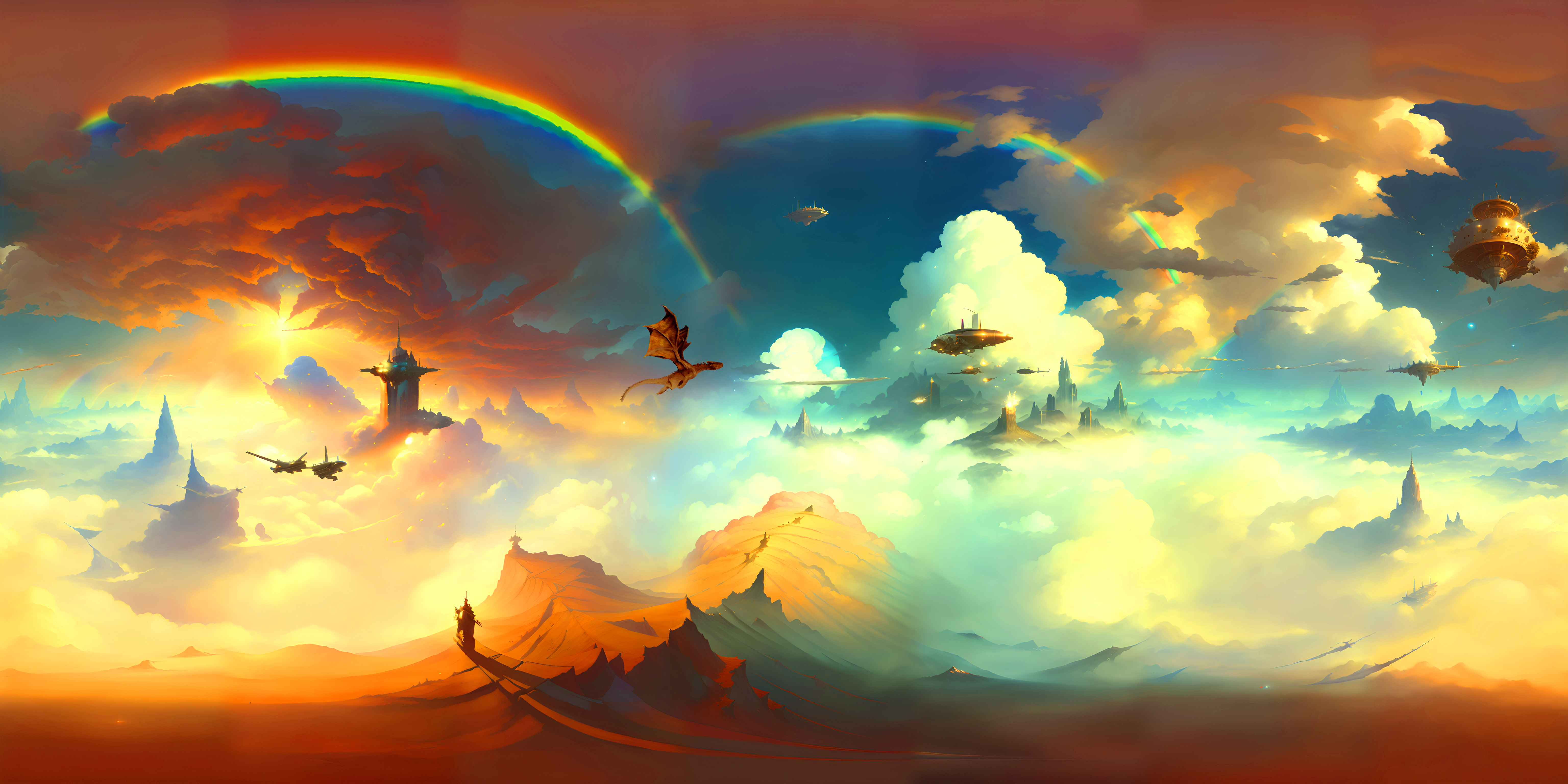 Cloud City, a 360-degree sky city environment with airships and a rainbow