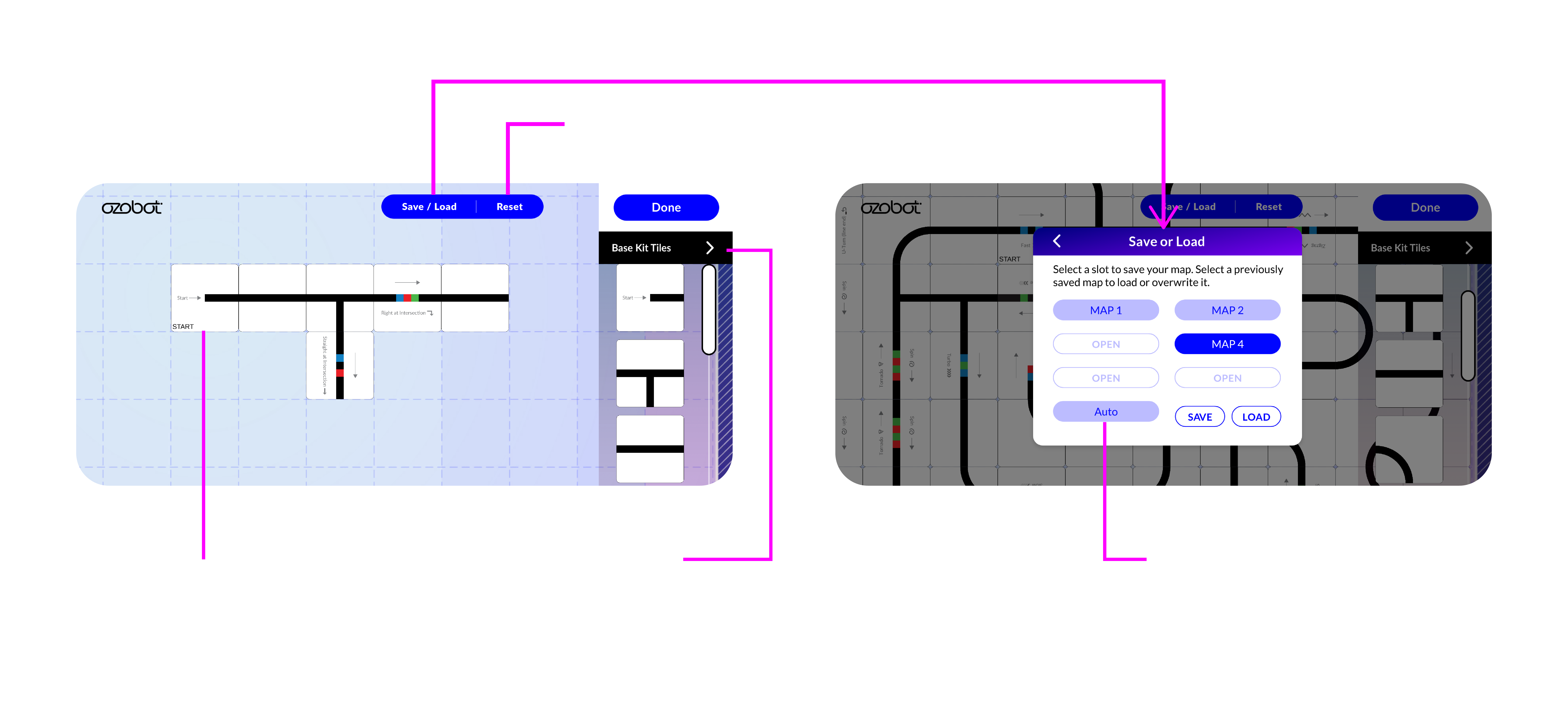 Annotated Save/Load flow for the track builder, saving and loading maps into numbered slots