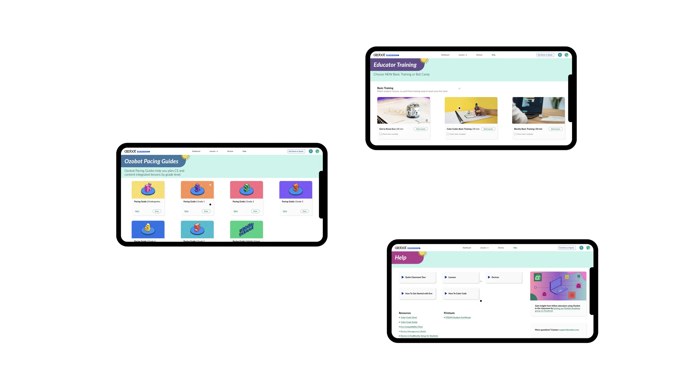 Pacing Guides, Educator Training, and Help pages