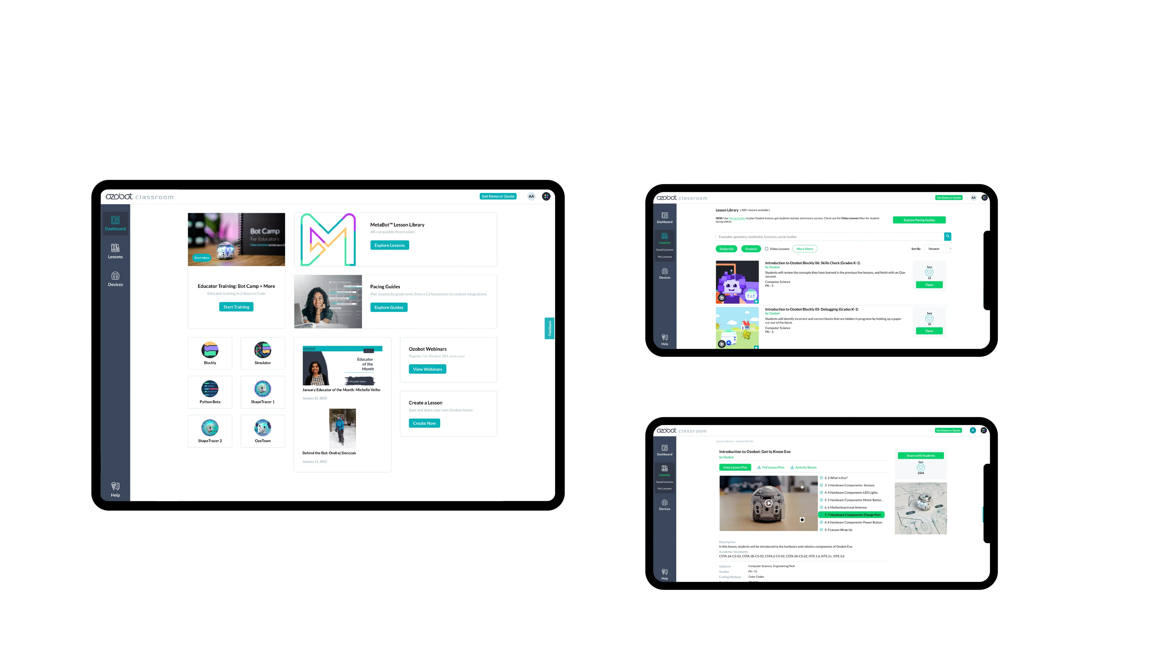 The original Ozobot Classroom before the redesign: the dashboard, the lesson library list, and a lesson page