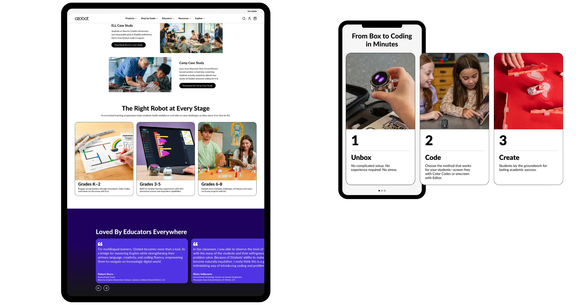 Homepage on tablet and mobile: robots by grade, testimonials, and the unbox, code, create steps