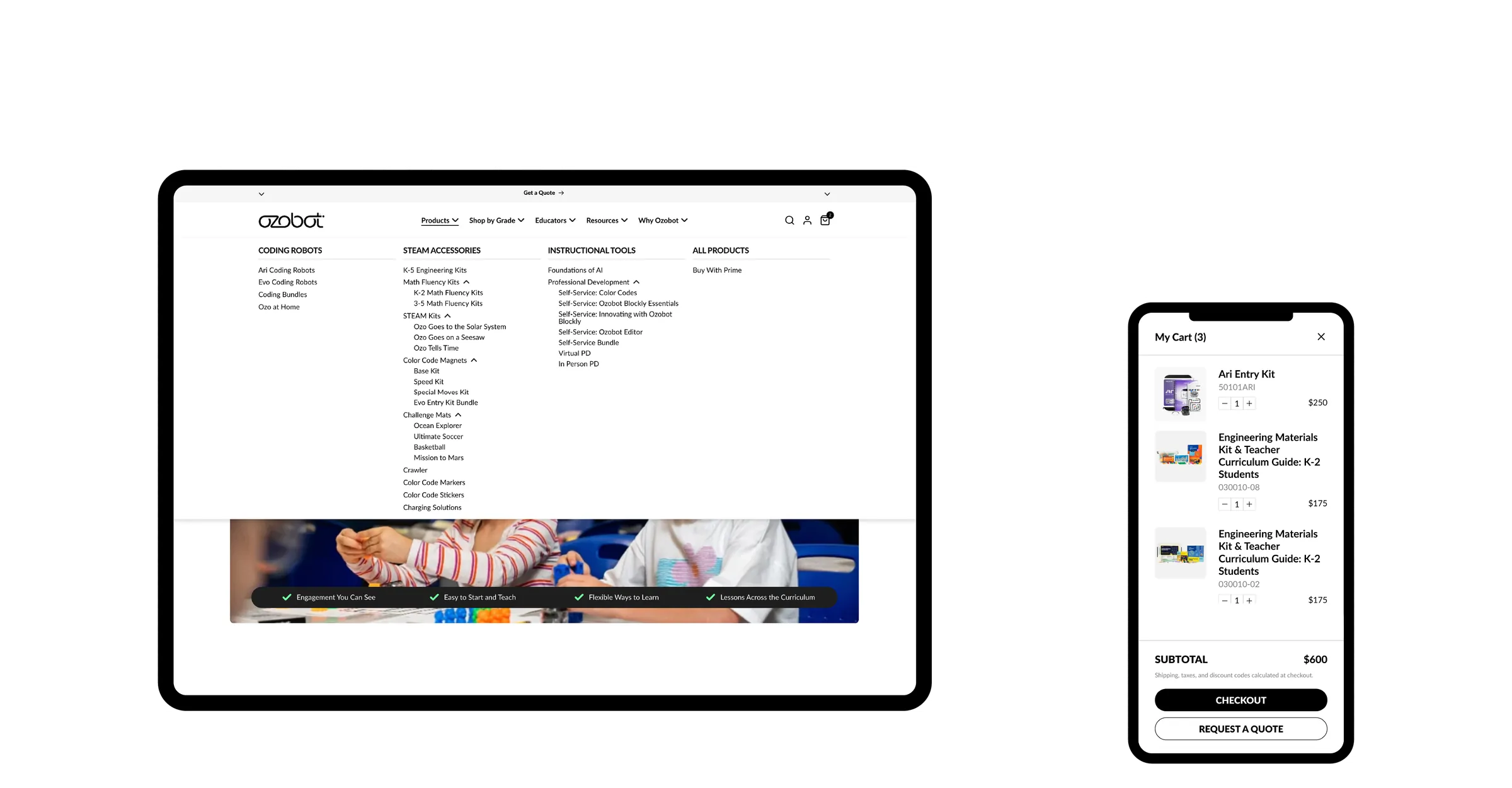Mega menu navigation and shopping cart